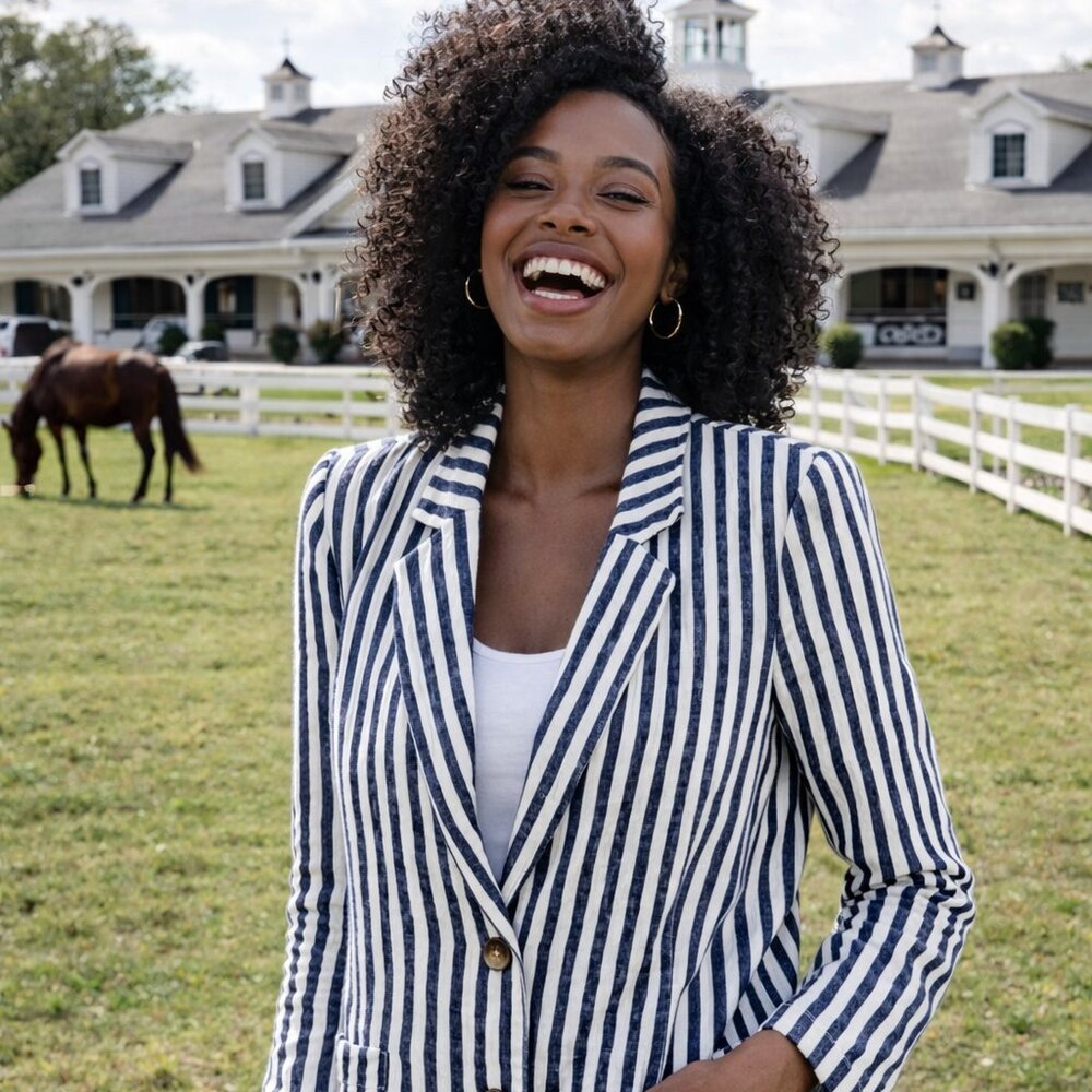 British Khaki Striped Two-Button Linen Blazer Jacket Navy/White